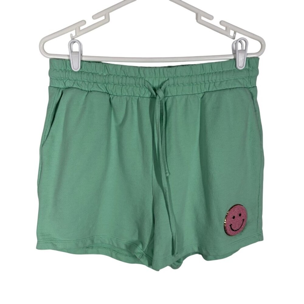 Judith March Women Size L Green Casual Lounge Preppy Smiley Face Sweat Shorts